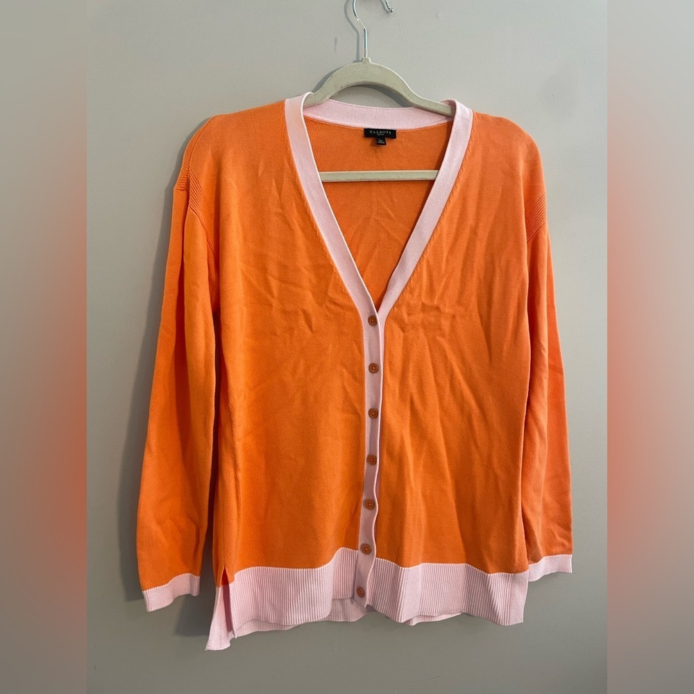 Talbots Petite Orange and Pink Colorblock Cardigan Sweater